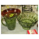 VTG GREEN COIN DOT PITCHER & FOOTED BOWL