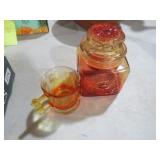 VTG AMBERINA CONTAINER W/ LID & CHILDS STORK GLASS