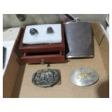BELT BUCKLE, GOTHIC RINGS, FLASK, BOX