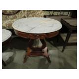 WALNUT HARP LYRE BASE CARVED OVAL MARBLE TOP TBL