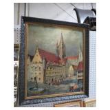 ORNATE FRAMED OIL ON BOARD CHURCH PAINTING -1960