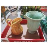 VTG GREEN ROSEVILLE POTTERY VASE & YELLOW POTTERY