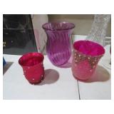 COLLECTION OF COLORED GLASS VASES & CANDLE HOLDERS