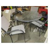 METAL BASE GLASS TOP PATIO TBL W/(4)MESH SEAT CHAI