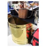 BRASS BIN, COPPER WATERING CAN, WALL SHELF