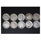 (10) ROOSEVELT DIMES VARIOUS DATES & MM 90%