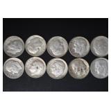 (10) ROOSEVELT DIMES VARIOUS DATES & MM 90%