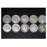 (10) ROOSEVELT DIMES VARIOUS DATES & MM 90%
