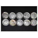 (10) ROOSEVELT DIMES VARIOUS DATES & MM 90%