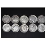 (10) ROOSEVELT DIMES VARIOUS DATES & MM 90%