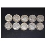 (10) ROOSEVELT DIMES VARIOUS DATES & MM 90%