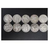 (10) MERCURY DIMES VARIOUS DATES & MM 90%