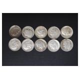 (10) ROOSEVELT DIMES VARIOUS DATES & MM 90%