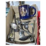 COLLECTION OF VINTAGE SP SPOONS AND COBALT MUG