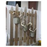 HANDMADE WOOD PICKET FENCE WITH BUCKET AND ANTLERS
