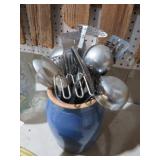 OLD BLUE CROCK WITH UTENSILS