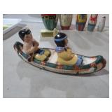 VTG INDIAN SALT AND PEPPER SHAKERS AND BOAT HOLDER