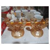 PAIR OF VINTAGE GLASS AMBER COLORED CANDELABRA