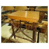 UNIQUE LOG CABIN TABLE W/ SLAT WOOD TOP