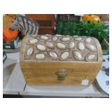 CARVED WOOD CHEST WITH BONE AND METAL LEAVES