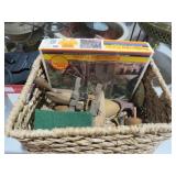 WICKER BASKET WITH MISC WOOD ITEMS