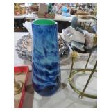 14" BLUE/LIGHTBLUE ART GLASS VASE W/GREEN INTERIOR