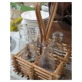 UNIQUE WOVEN HOLDER WITH VINAGE GLASS MILK BOTTLES