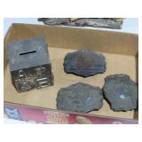 COLLECTIN OF BRASS BANK AND BELT BUCKLES