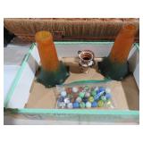 2 LAMP SHADES, MARBLES, AND VASE