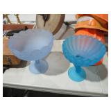 (2) VINTAGE BLUE SATIN GLASS PEDESTAL BOWLS