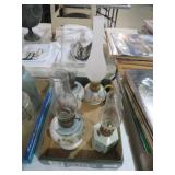 COLLECTION OF H.PAINTED CERAMIC OIL LAMPS W/STACKS