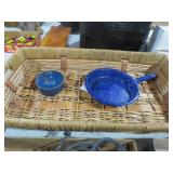 WICKER BASKET WITH GRANITEWARE SKILLET, COASTERSET