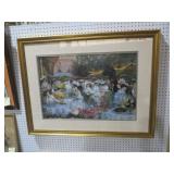 GOLD ORNATE FRAMED ARTIST SIGNED PATIO WITH PEOPLE