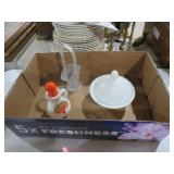 MILK GLASS COVERED DISH, BRIDES BASKET & CRUETTE