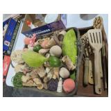 COLLECTION OF WOOD TRAYS, UTENSILS AND VASE FILLER