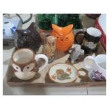 COLLECTION OF OWLS 2 CANDLE HOLDERS, COFFEE CUP &