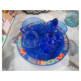 COLL OF BLUE GLASS PLATE, SUGAR, CREAMER, MISC