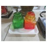 2 VTG CANDY JARS GREEN & RED/YELLOW