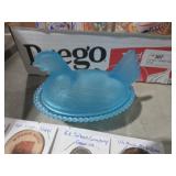 FROSTED BLUE SATIN GLASS HEN ON A NEST