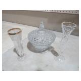 VINTAGE GLASS CANDY DISH WITH 2 VASES