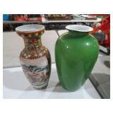 VINTAGE GREEN GLASS VASE AND ORINENTAL VASES