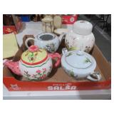 (2) TEAPOTS, SUGAR DISH GINGER JAR