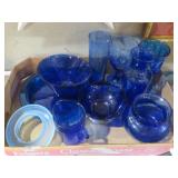 COLLECTION OF BLUE GLASSWARE AND VASES