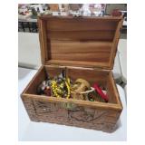 NICE WOOD CARVED BOX WITH ESTATE JEWELRY