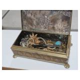ORNATE LIFT TOP JEWELRY BOX W/ ESTATE JEWELRY