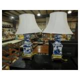 PAIR COBALT BLUE ORIENTAL TBL LAMPS W/ SHADES