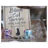 BLACK CAT TAVERN SIGN, FLASKS, AND STEMWARE
