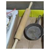 WOODEN ROLLING PIN AND CAST IRON PAN