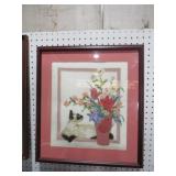 FRAMED EMBROIDERY STITCHED CAT W/ FLOWERS