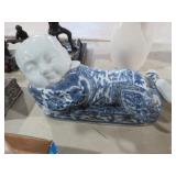 HAND PAINTED BLUE & WITH PORCELAIN ASIAN FIGURE